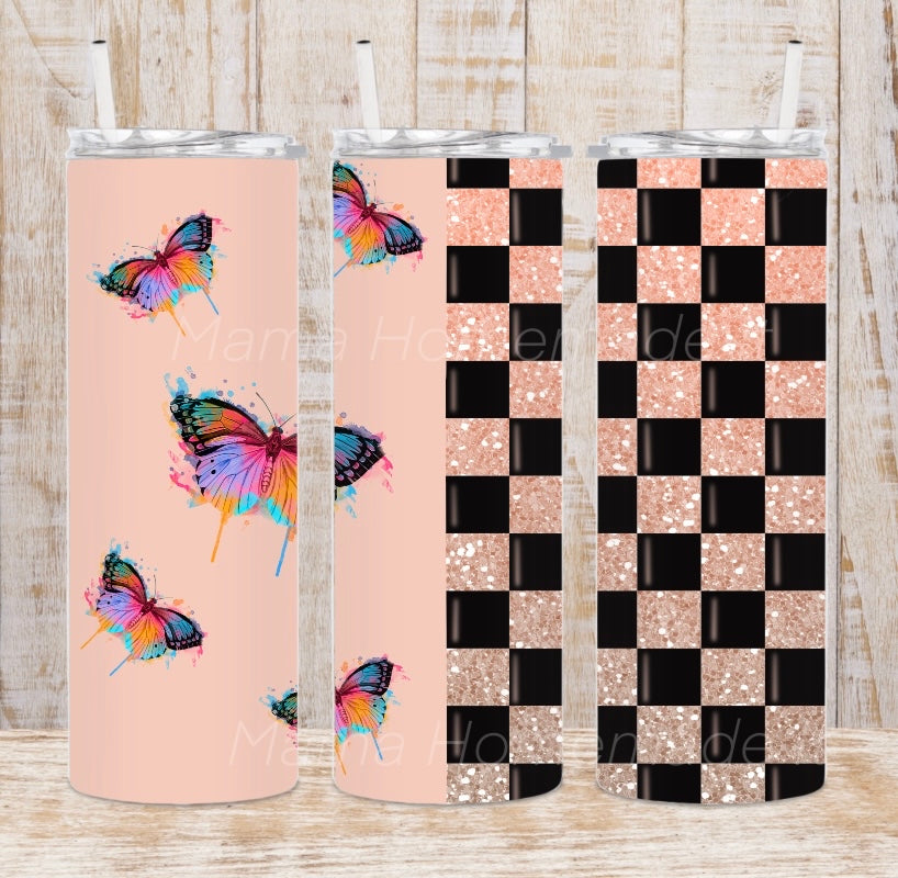 Rose Gold Checkered Butterfly Tumbler