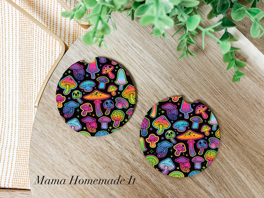 Black Neon Mushroom Car Coaster Set